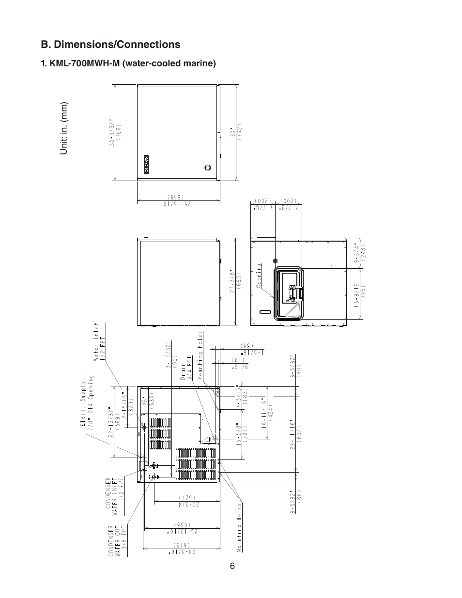 B. dimensions/connections | Hoshizaki KML-700MWH-M User Manual | Page 6 / 20