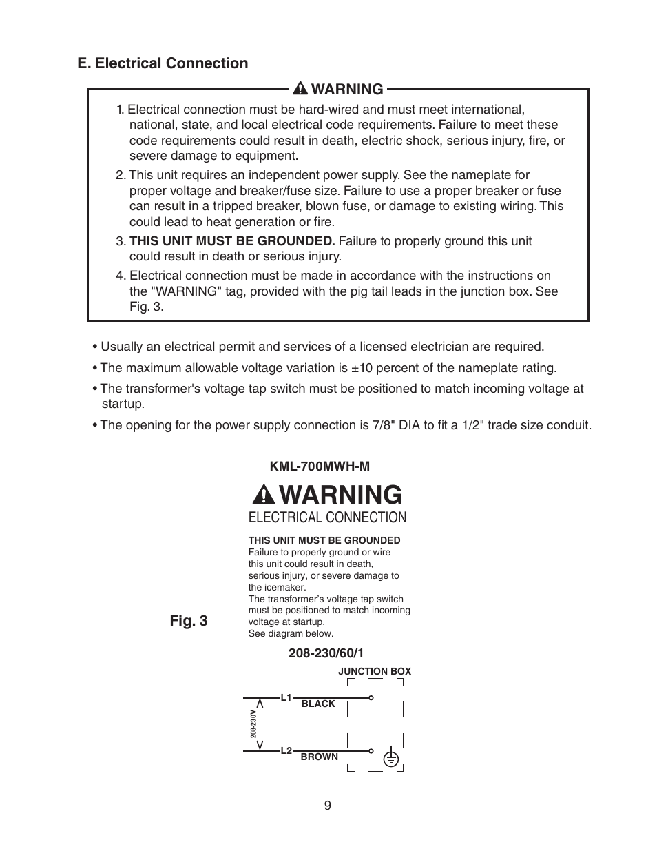 E. electrical connection, Warning, E. electrical connection warning | Fig. 3, Electrical connection | Hoshizaki KML-700MWH-M User Manual | Page 9 / 20