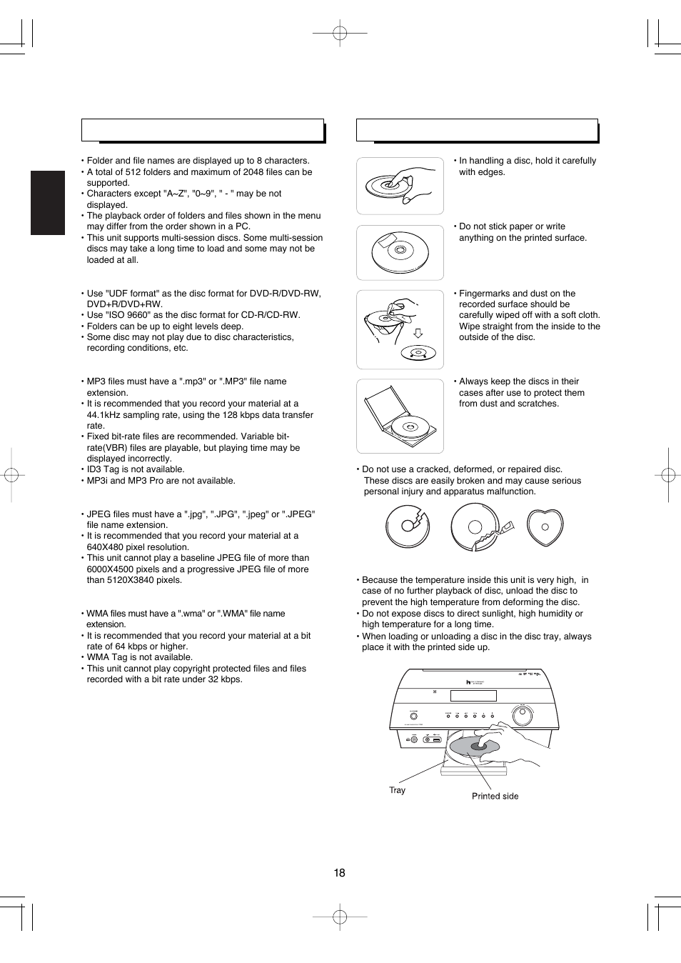 Care and handling of discs audio and video files, English 18 | Hollywood VR-652 User Manual | Page 18 / 62