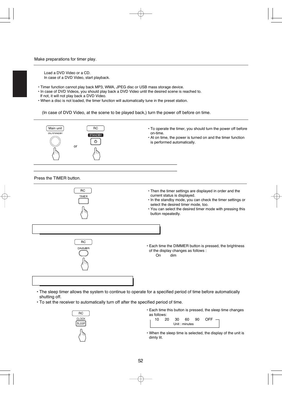 Adjusting the brightness of the display, Operating the sleep timer | Hollywood VR-652 User Manual | Page 52 / 62