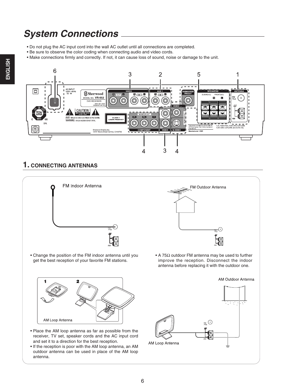 System connections, English 6, Connecting antennas | Hollywood VR-652 User Manual | Page 6 / 62