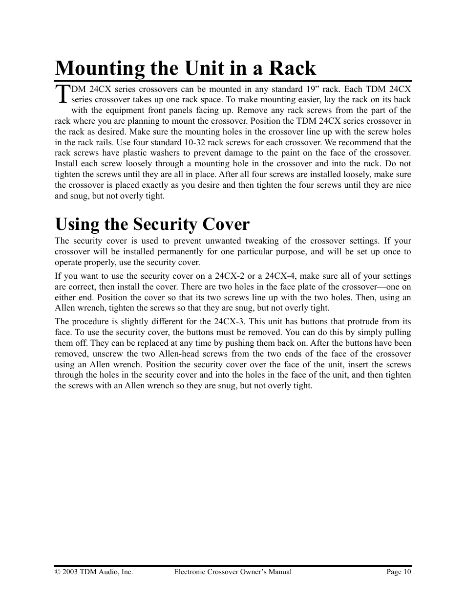 Mounting the unit in a rack, Using the security cover | Hollywood 24CX-4 User Manual | Page 10 / 23