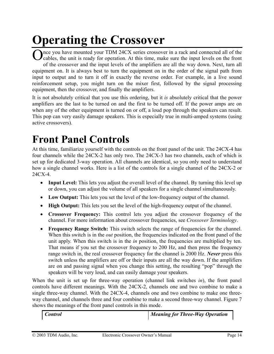 Operating the crossover, Front panel controls | Hollywood 24CX-4 User Manual | Page 14 / 23