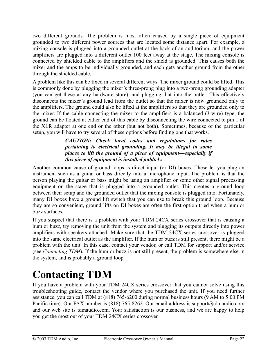 Contacting tdm | Hollywood 24CX-4 User Manual | Page 22 / 23