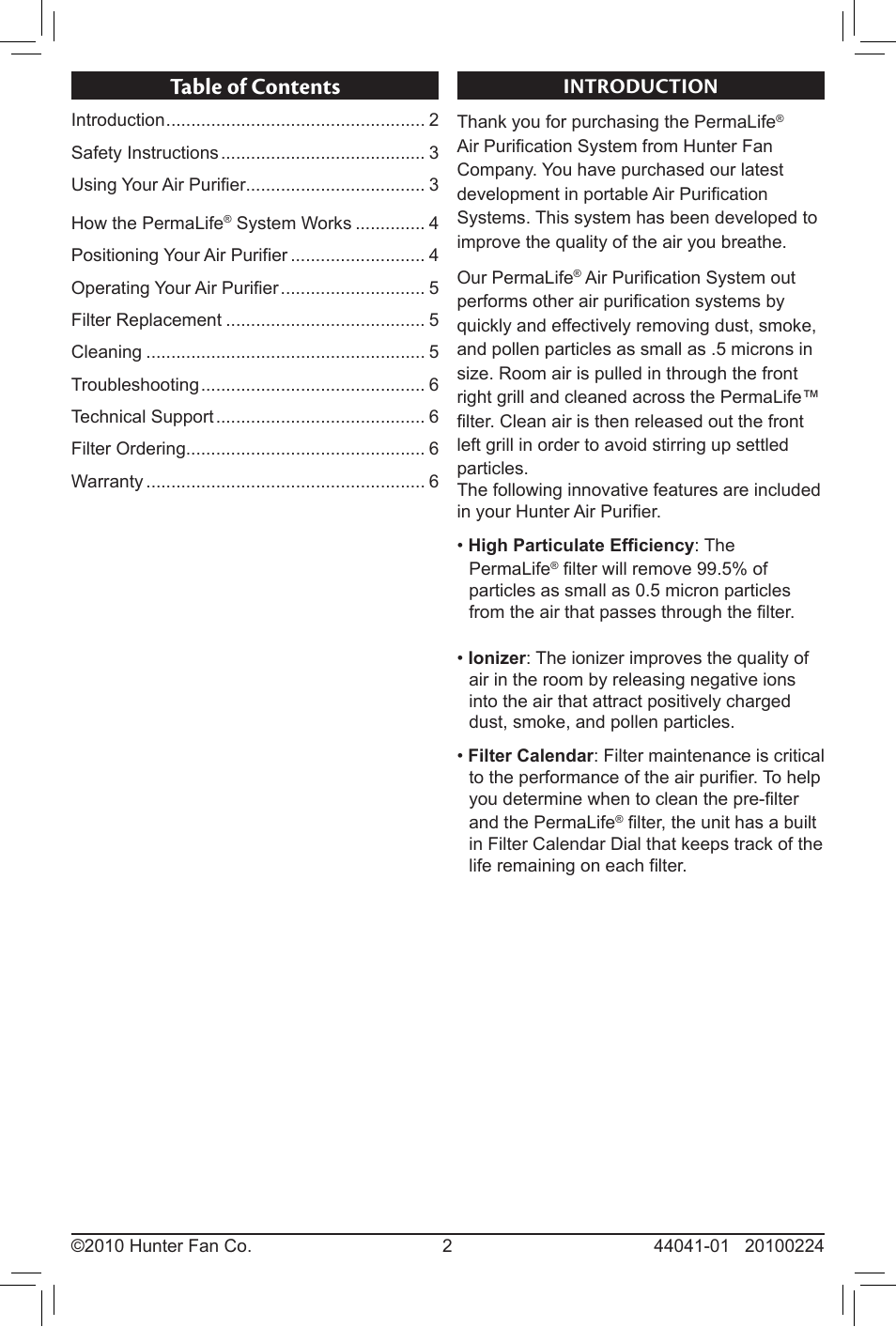Hunter Fan PermaLife 20100224 User Manual | Page 2 / 8
