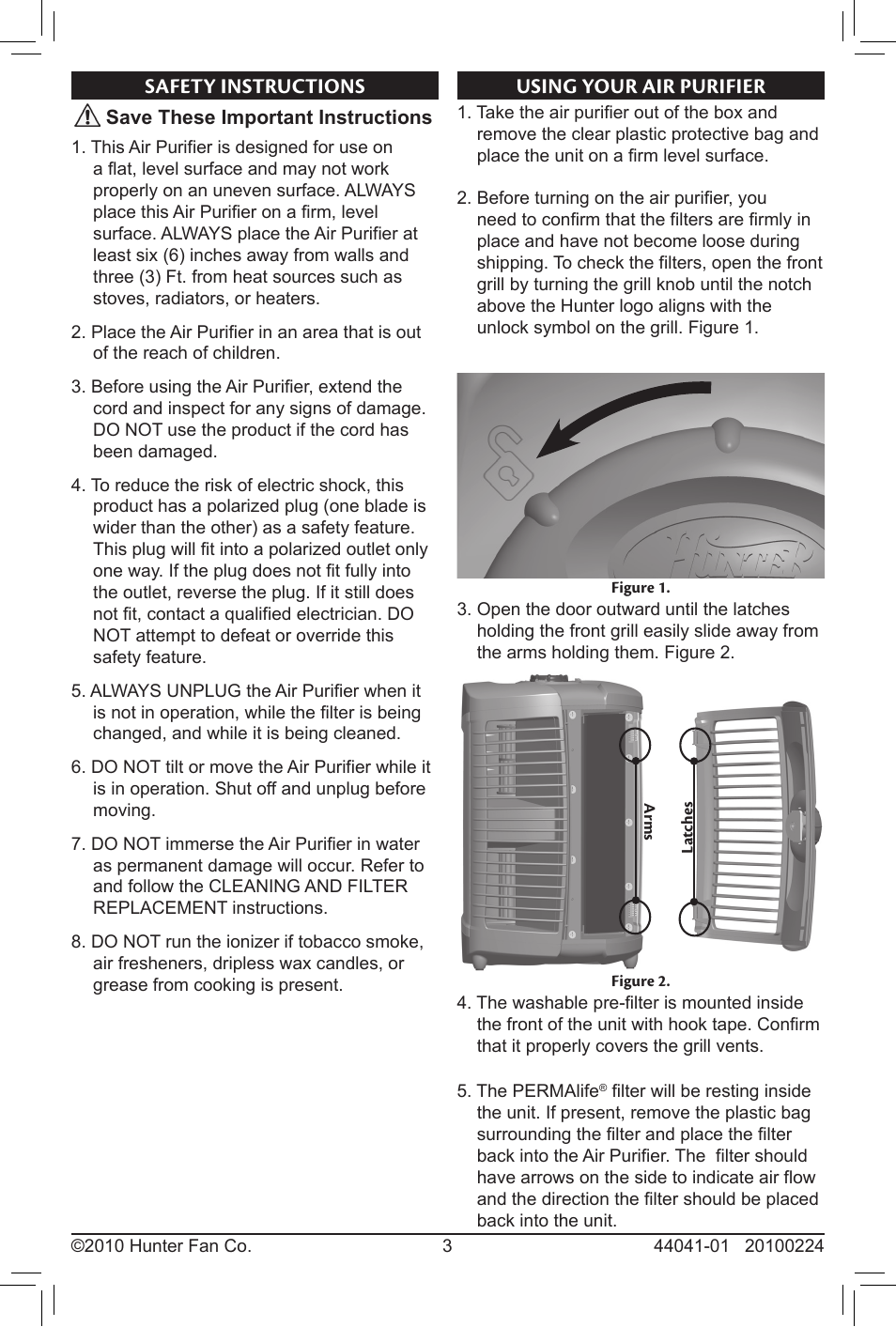 Safety instructions using your air purifier, Using your air purifier, Safety instructions | Hunter Fan PermaLife 20100224 User Manual | Page 3 / 8