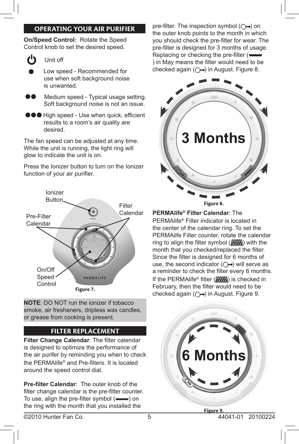 6 months 3 months, Filter replacement operating your air purifier | Hunter Fan PermaLife 20100224 User Manual | Page 5 / 8