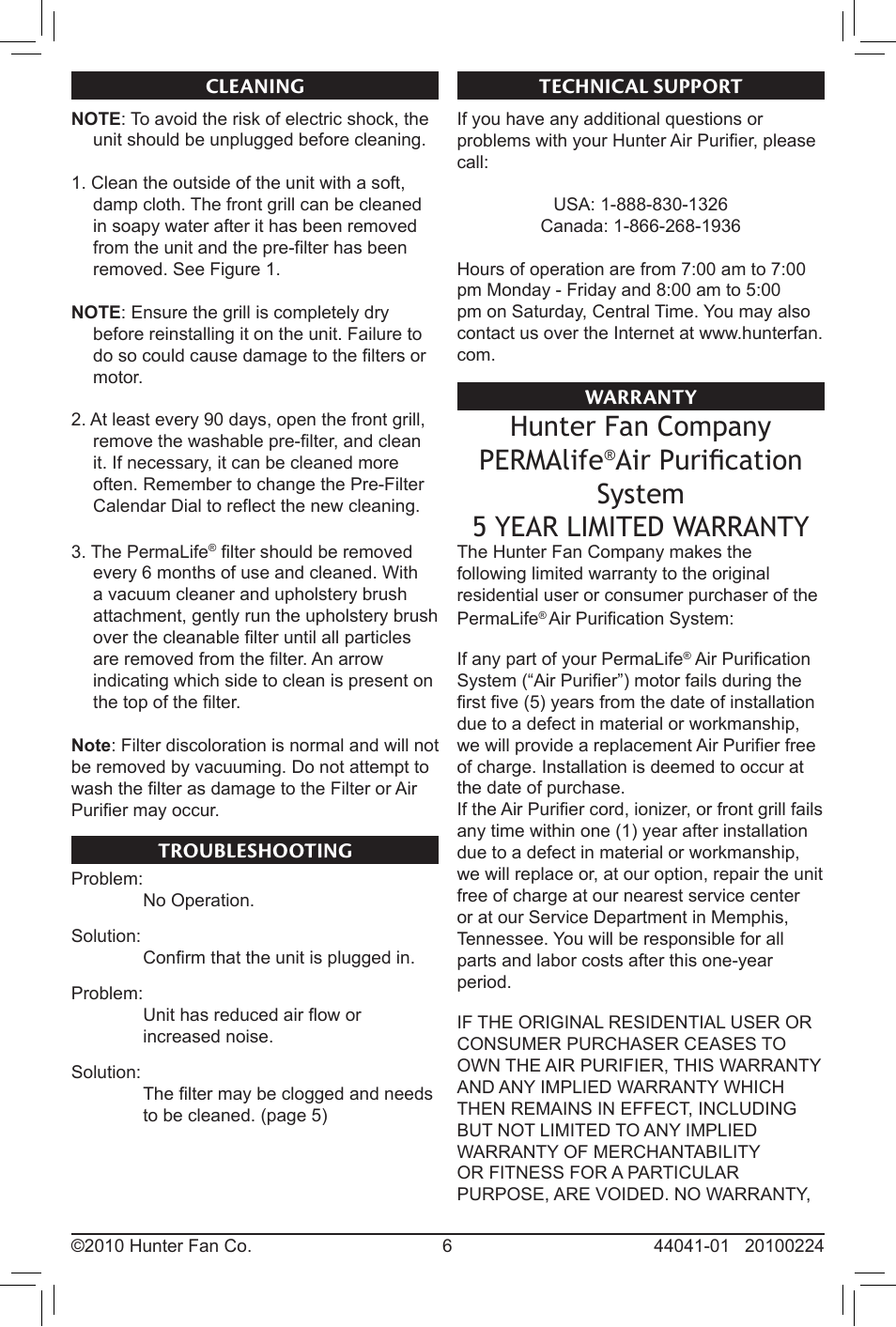 Hunter fan company permalife, Air purification system 5 year limited warranty, Technical support warranty | Troubleshooting, Cleaning | Hunter Fan PermaLife 20100224 User Manual | Page 6 / 8