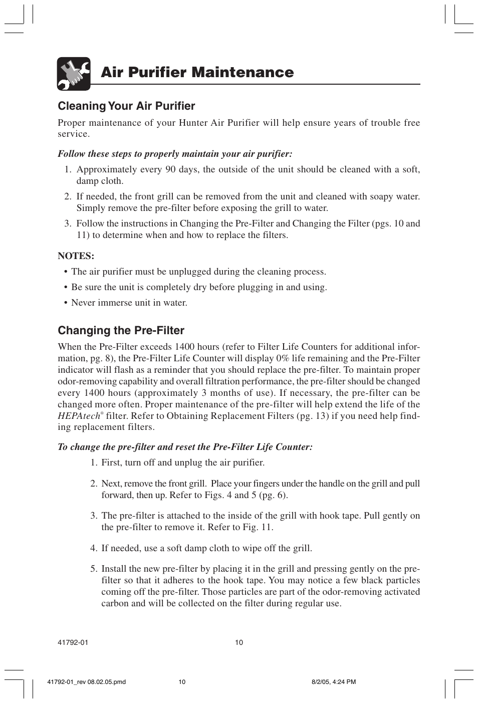 Air purifier maintenance, Cleaning your air purifier, Changing the pre-filter | Hunter Fan 30715 User Manual | Page 10 / 17