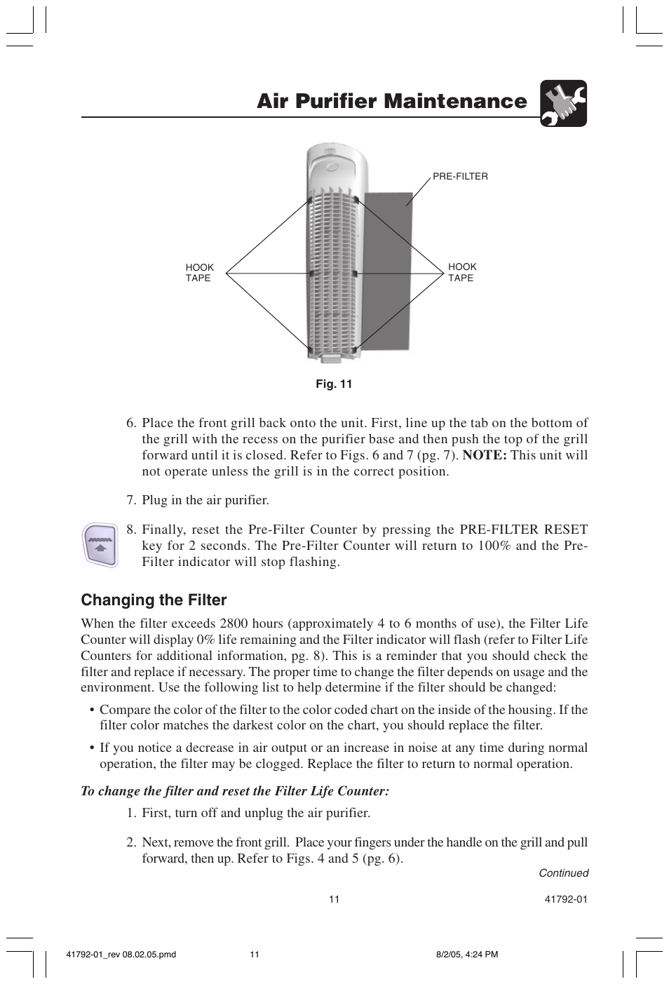 Air purifier maintenance, Changing the filter | Hunter Fan 30715 User Manual | Page 11 / 17