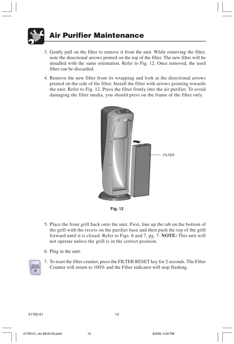 Air purifier maintenance | Hunter Fan 30715 User Manual | Page 12 / 17