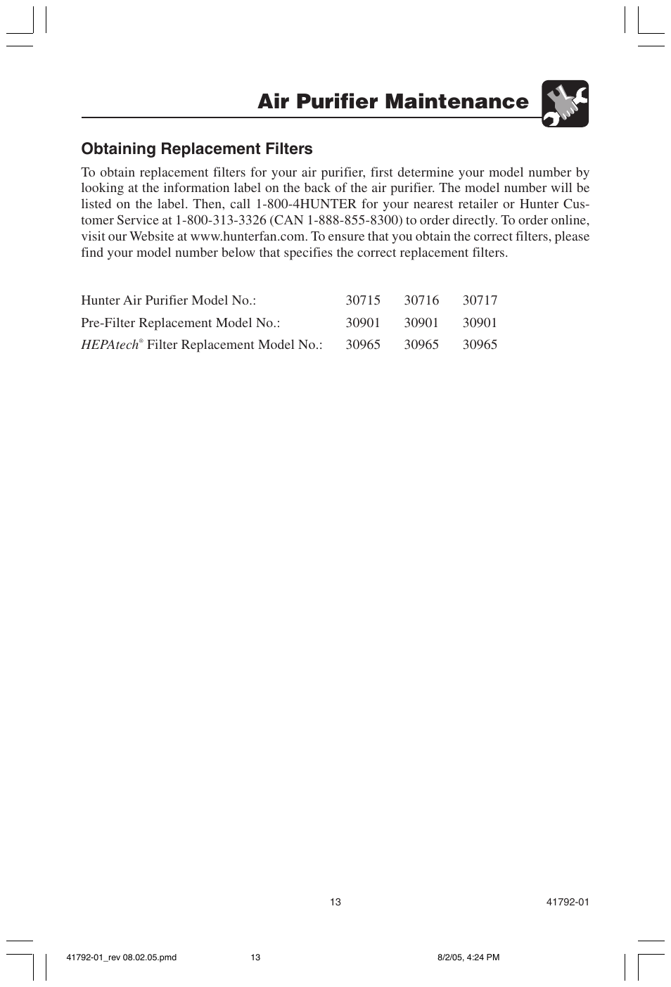 Air purifier maintenance, Obtaining replacement filters | Hunter Fan 30715 User Manual | Page 13 / 17