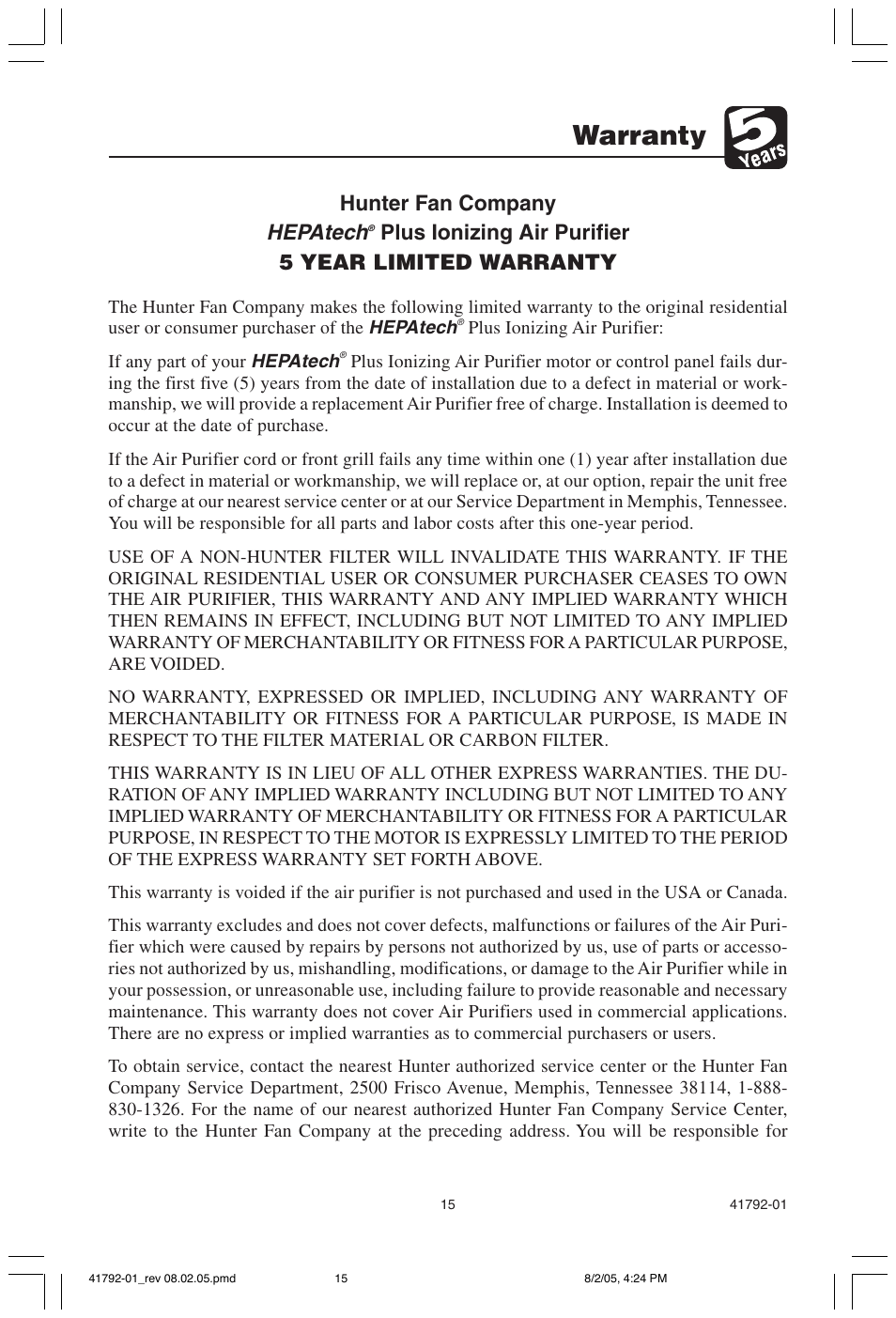 Warranty, Hepatech, Hunter fan company | Plus ionizing air purifier 5 year limited warranty | Hunter Fan 30715 User Manual | Page 15 / 17