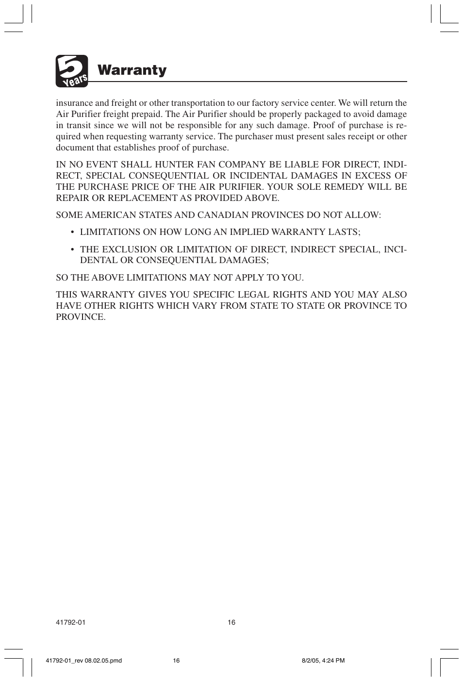 Warranty | Hunter Fan 30715 User Manual | Page 16 / 17