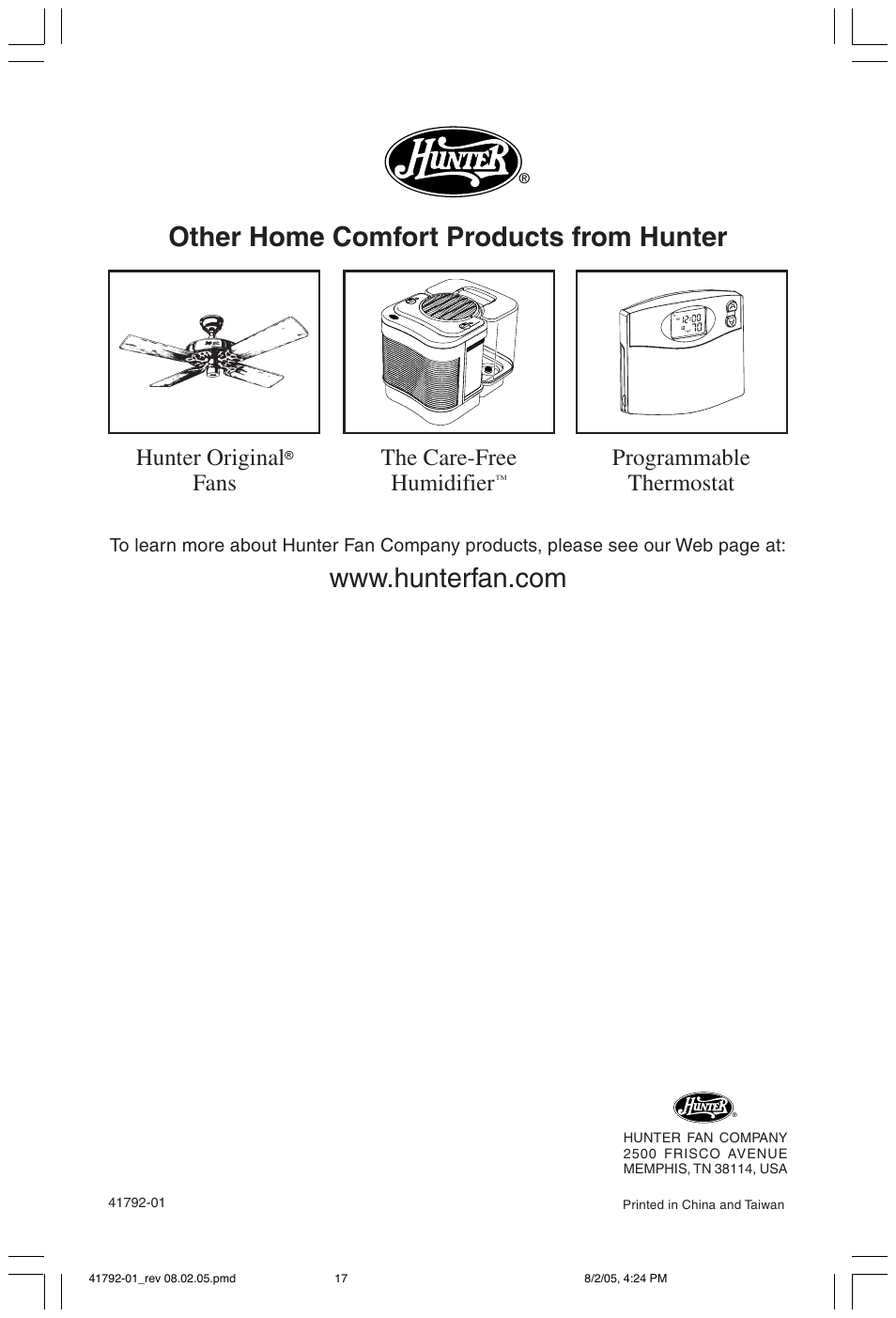 The care-free humidifier, Programmable thermostat, Hunter original | Fans | Hunter Fan 30715 User Manual | Page 17 / 17