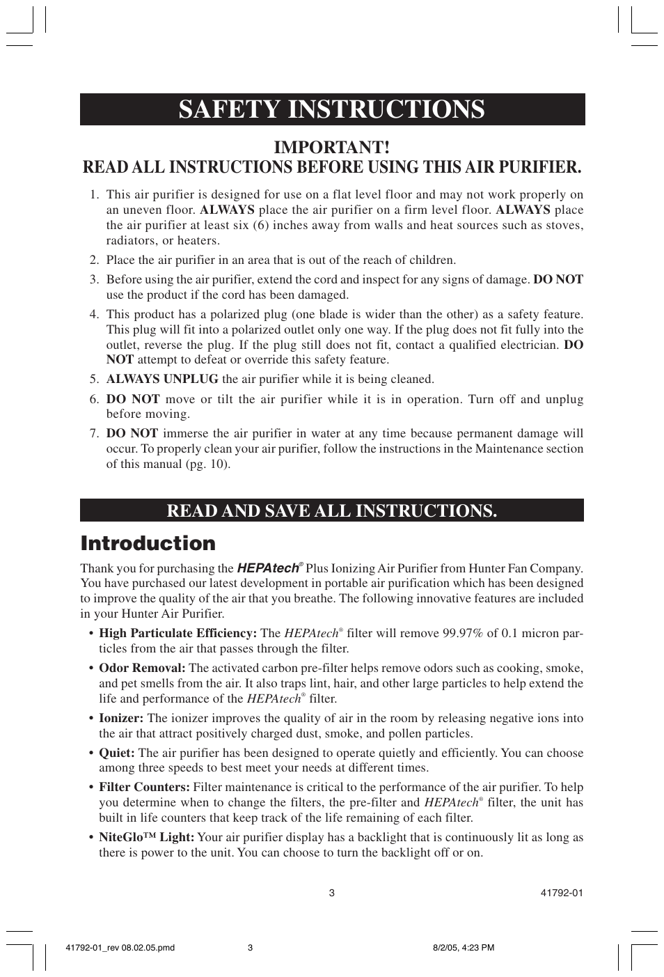 Safety instructions, Introduction, Read and save all instructions | Hunter Fan 30715 User Manual | Page 3 / 17