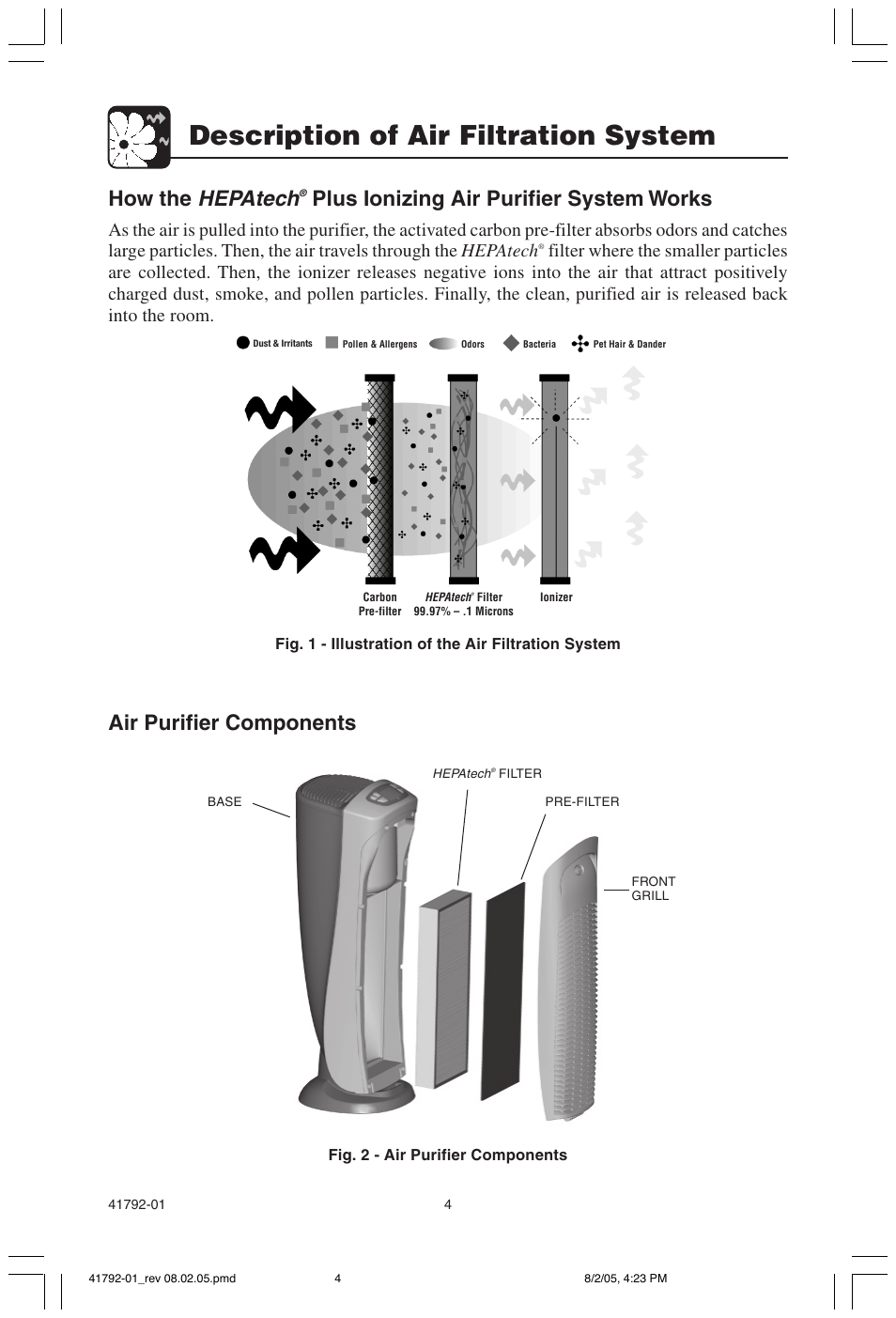Description of air filtration system, Hepatech, Air purifier components | How the, Plus ionizing air purifier system works | Hunter Fan 30715 User Manual | Page 4 / 17
