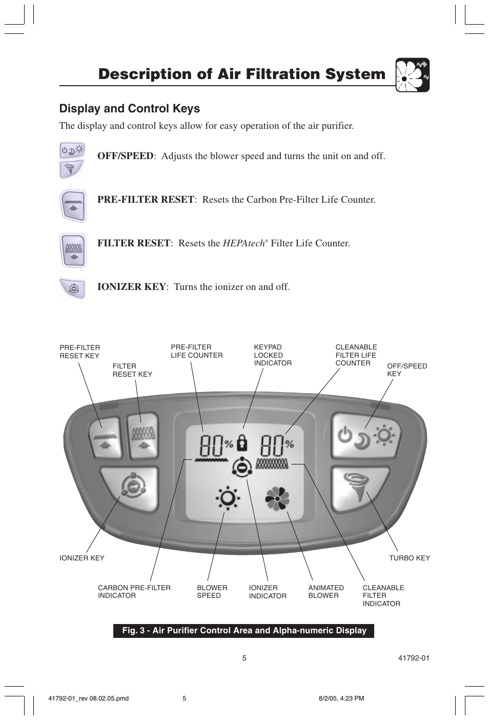 Description of air filtration system, Display and control keys | Hunter Fan 30715 User Manual | Page 5 / 17