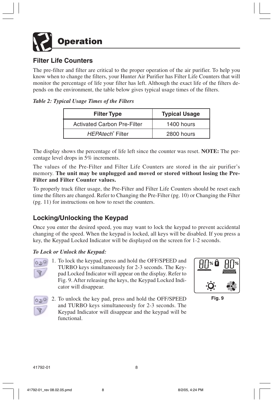 Operation, Filter life counters, Locking/unlocking the keypad | Hunter Fan 30715 User Manual | Page 8 / 17