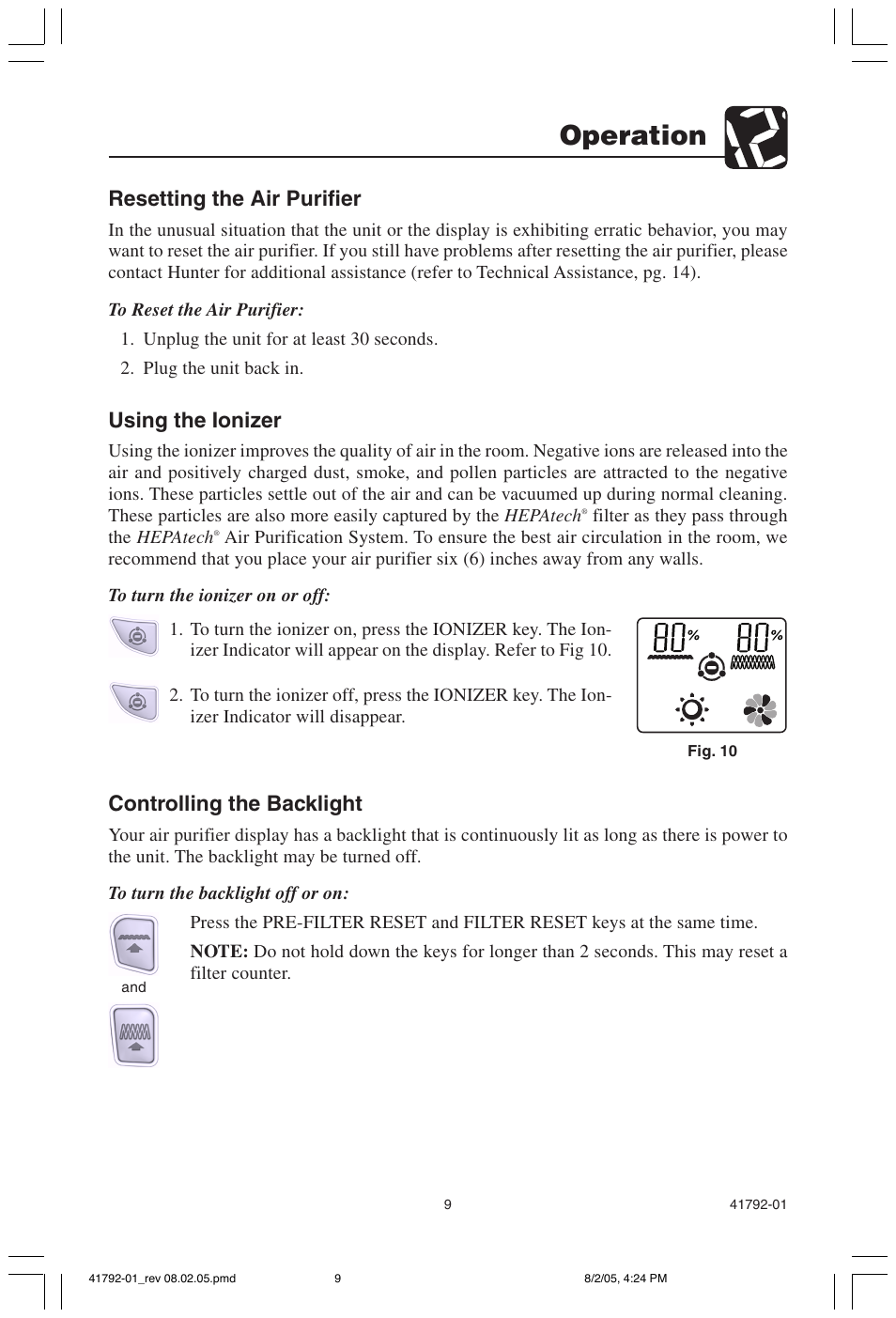 Operation, Resetting the air purifier, Using the ionizer | Controlling the backlight | Hunter Fan 30715 User Manual | Page 9 / 17