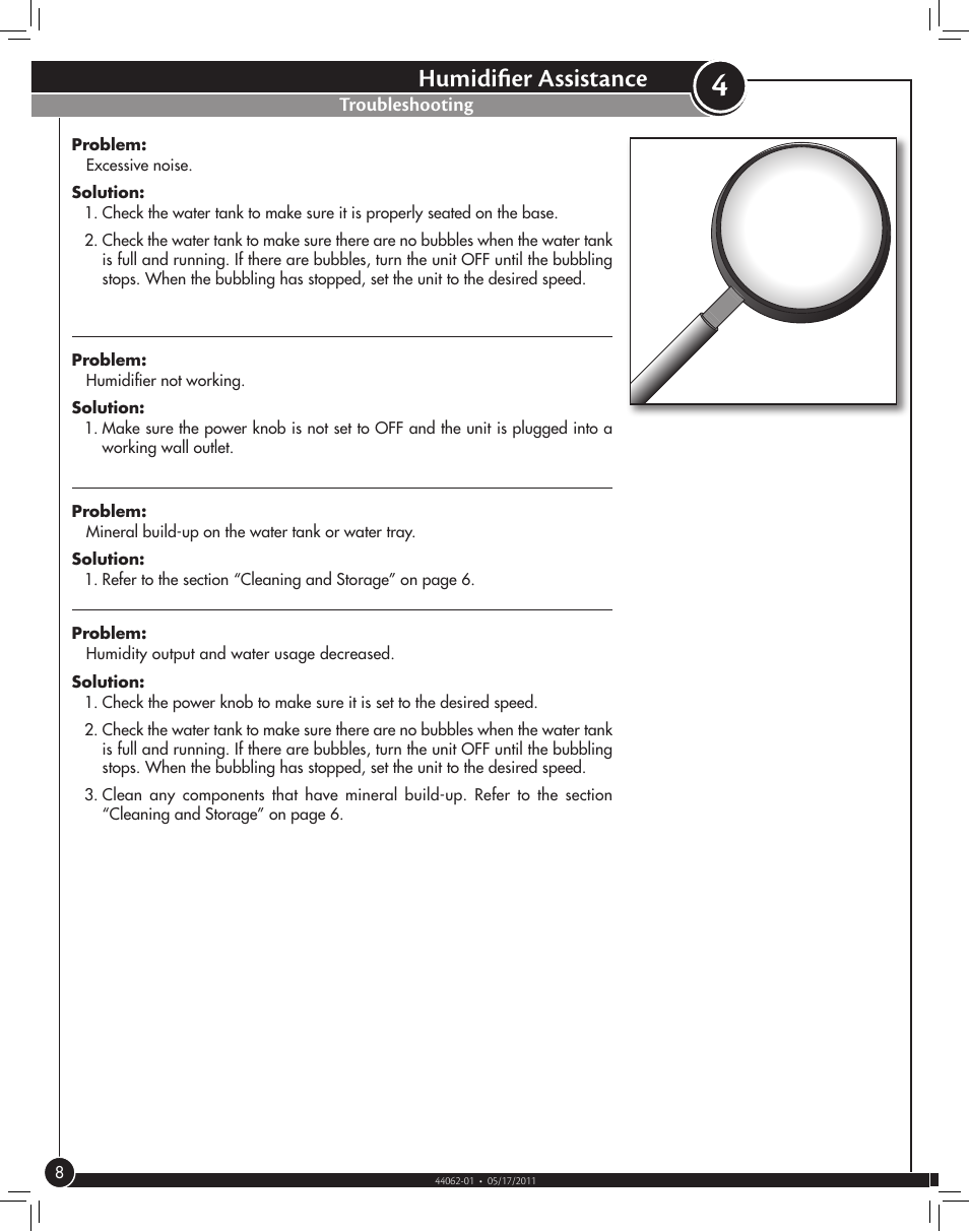 Humidifier assistance, Troubleshooting | Hunter Fan NITEGLO 33118 User Manual | Page 8 / 10