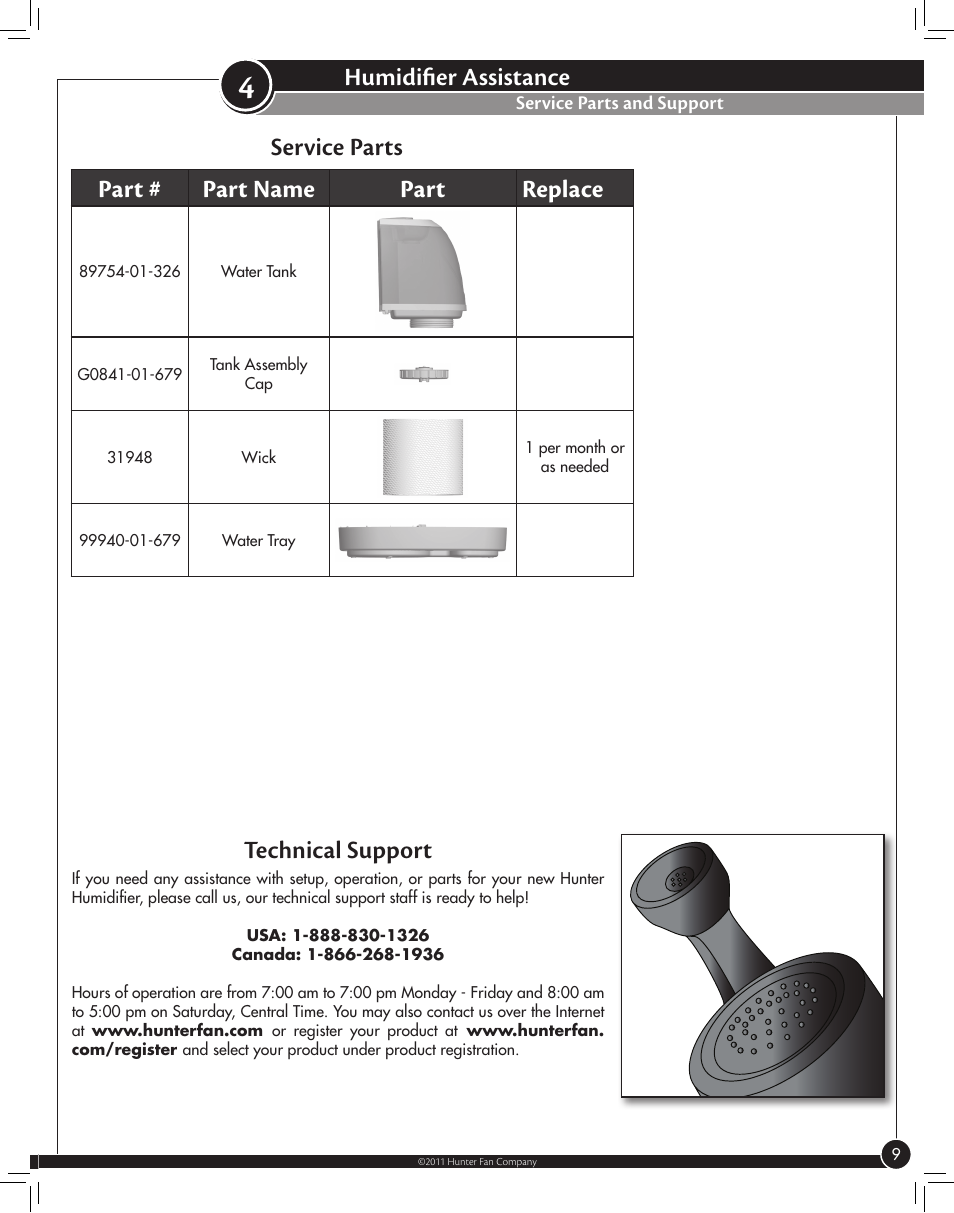 Service parts and support, Humidifier assistance, Service parts part # part name part replace | Technical support | Hunter Fan NITEGLO 33118 User Manual | Page 9 / 10