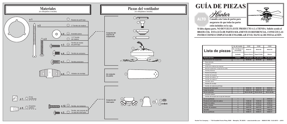 Guía de piezas, Piezas del ventilador, Materiales | Parada, Alto, Lista de piezas | Hunter Fan 21421 User Manual | Page 2 / 2