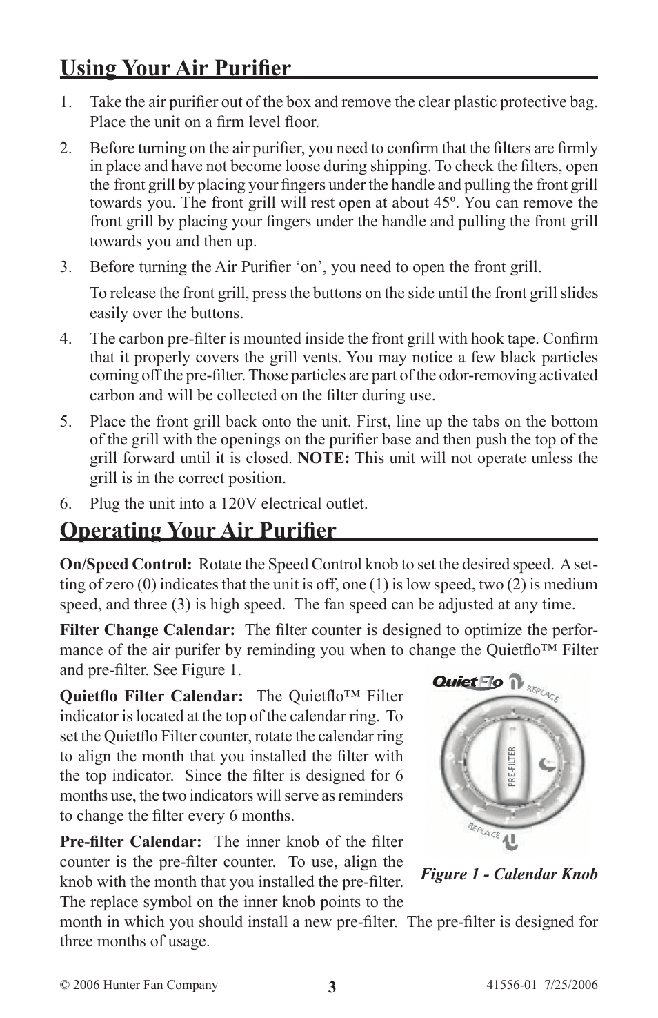 Using your air purifier, Operating your air purifier | Hunter Fan 30901 User Manual | Page 3 / 8