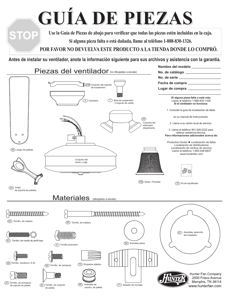 Guía de piezas, Materiales, Piezas del ventilador | Hunter Fan 23483 User Manual | Page 3 / 4