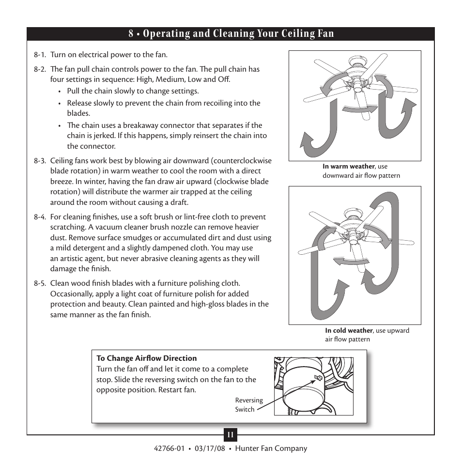 8 • operating and cleaning your ceiling fan | Hunter Fan Hunter Ceiling Fans Type User Manual | Page 11 / 12