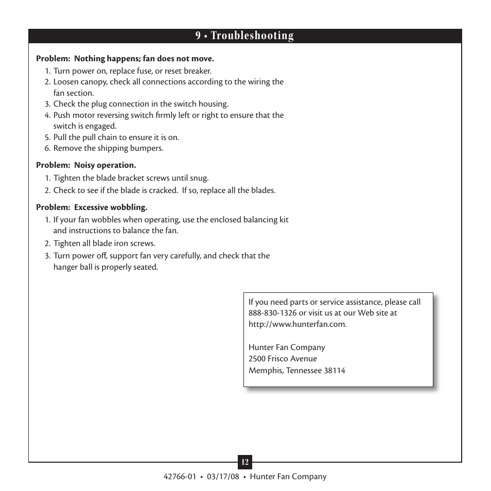 9 • troubleshooting | Hunter Fan Hunter Ceiling Fans Type User Manual | Page 12 / 12