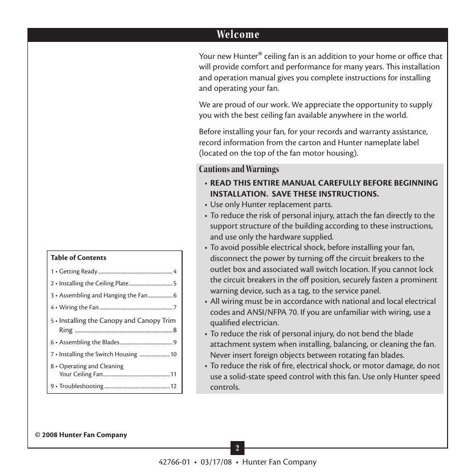 Welcome, Cautions and warnings | Hunter Fan Hunter Ceiling Fans Type User Manual | Page 2 / 12