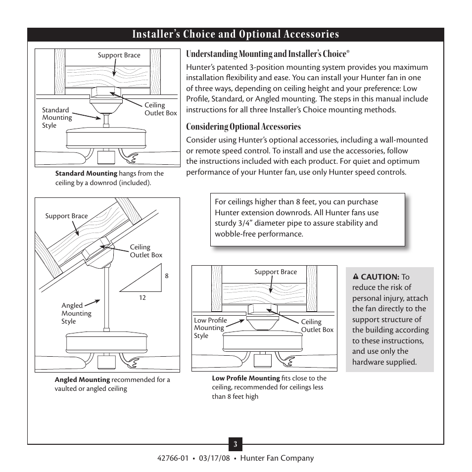 Installer’s choice and optional accessories, Understanding mounting and installer’s choice, Considering optional accessories | Hunter Fan Hunter Ceiling Fans Type User Manual | Page 3 / 12