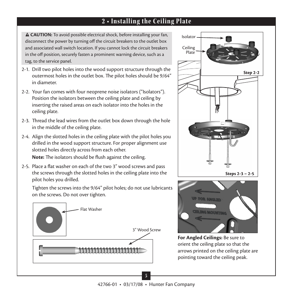 2 • installing the ceiling plate | Hunter Fan Hunter Ceiling Fans Type User Manual | Page 5 / 12