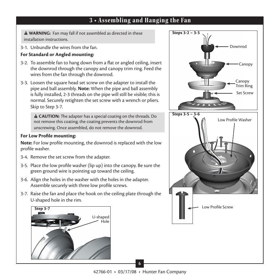 3 • assembling and hanging the fan | Hunter Fan Hunter Ceiling Fans Type User Manual | Page 6 / 12