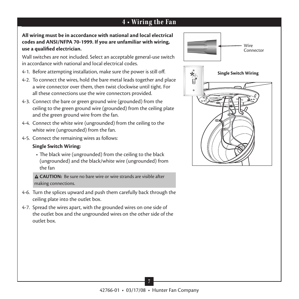 4 • wiring the fan | Hunter Fan Hunter Ceiling Fans Type User Manual | Page 7 / 12