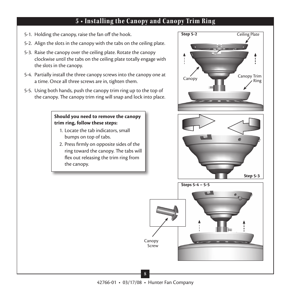 5 • installing the canopy and canopy trim ring | Hunter Fan Hunter Ceiling Fans Type User Manual | Page 8 / 12