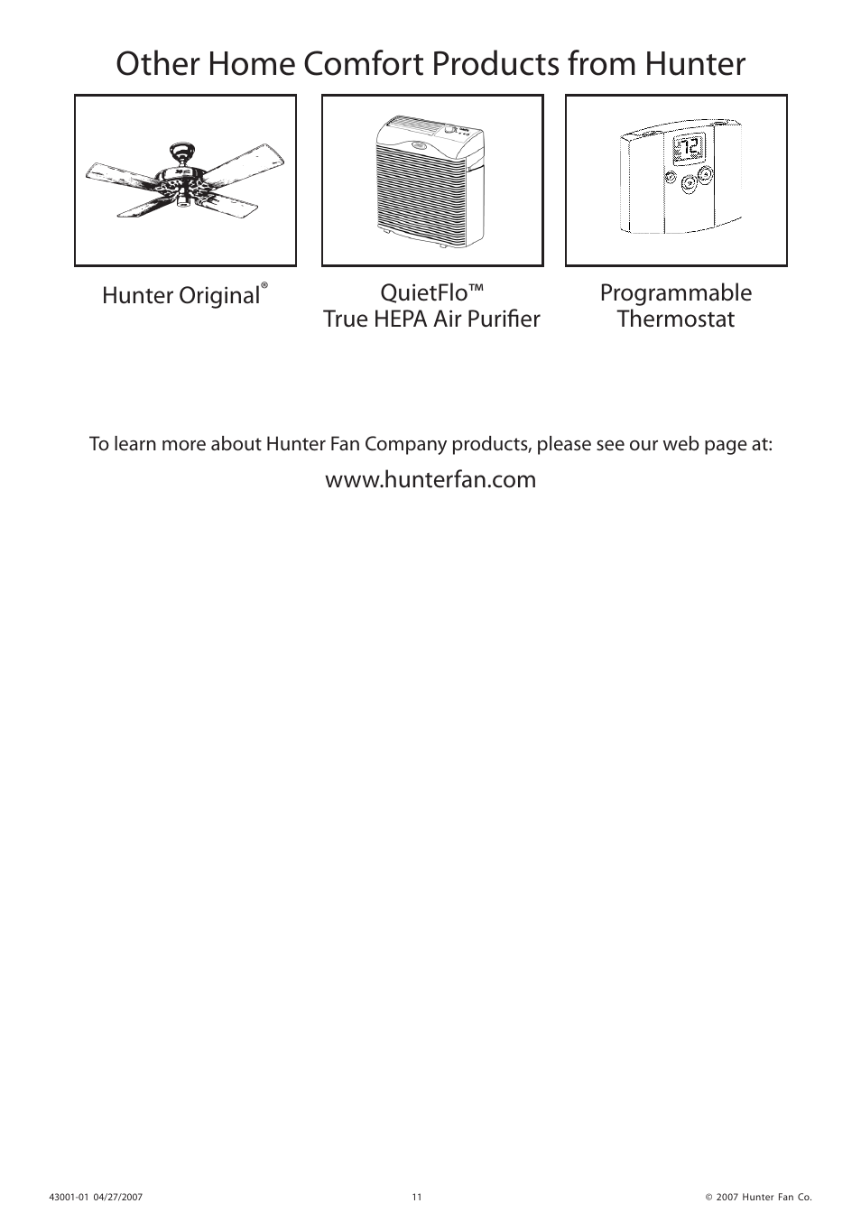 Other home comfort products from hunter, Hunter original | Hunter Fan 32200 User Manual | Page 11 / 24