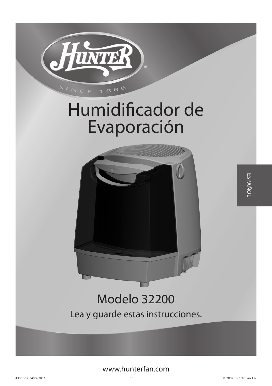 Humidificador de evaporación, Lea y guarde estas instrucciones | Hunter Fan 32200 User Manual | Page 13 / 24