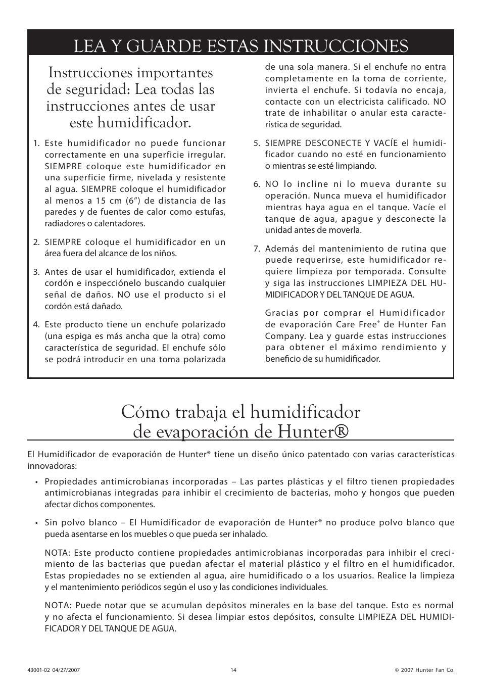 Lea y guarde estas instrucciones | Hunter Fan 32200 User Manual | Page 14 / 24