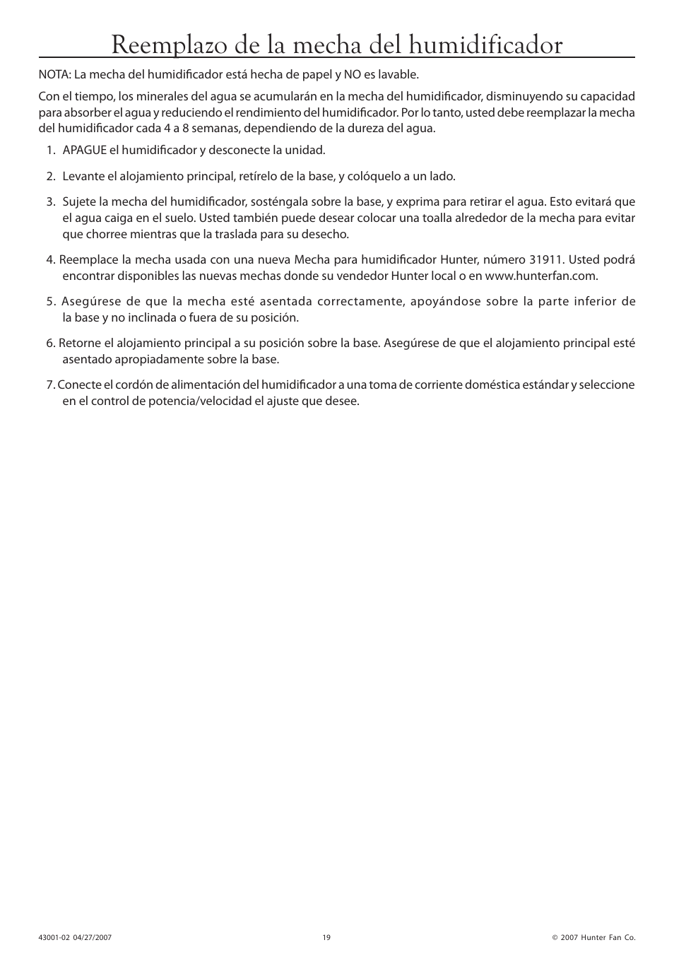 Reemplazo de la mecha del humidificador | Hunter Fan 32200 User Manual | Page 19 / 24
