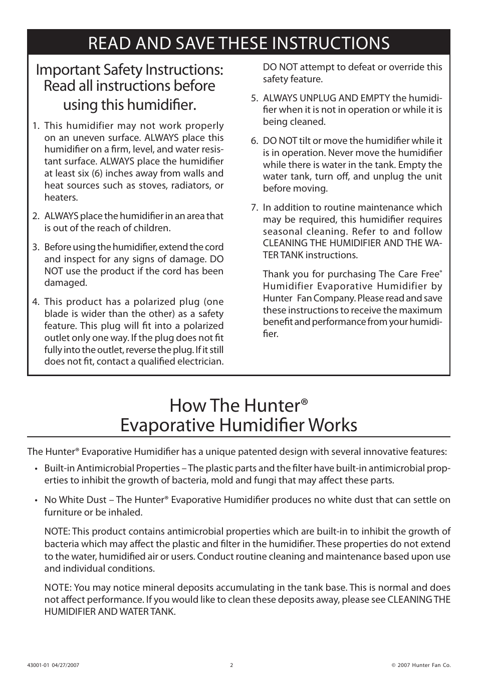 How the hunter® evaporative humidifier works, Read and save these instructions | Hunter Fan 32200 User Manual | Page 2 / 24