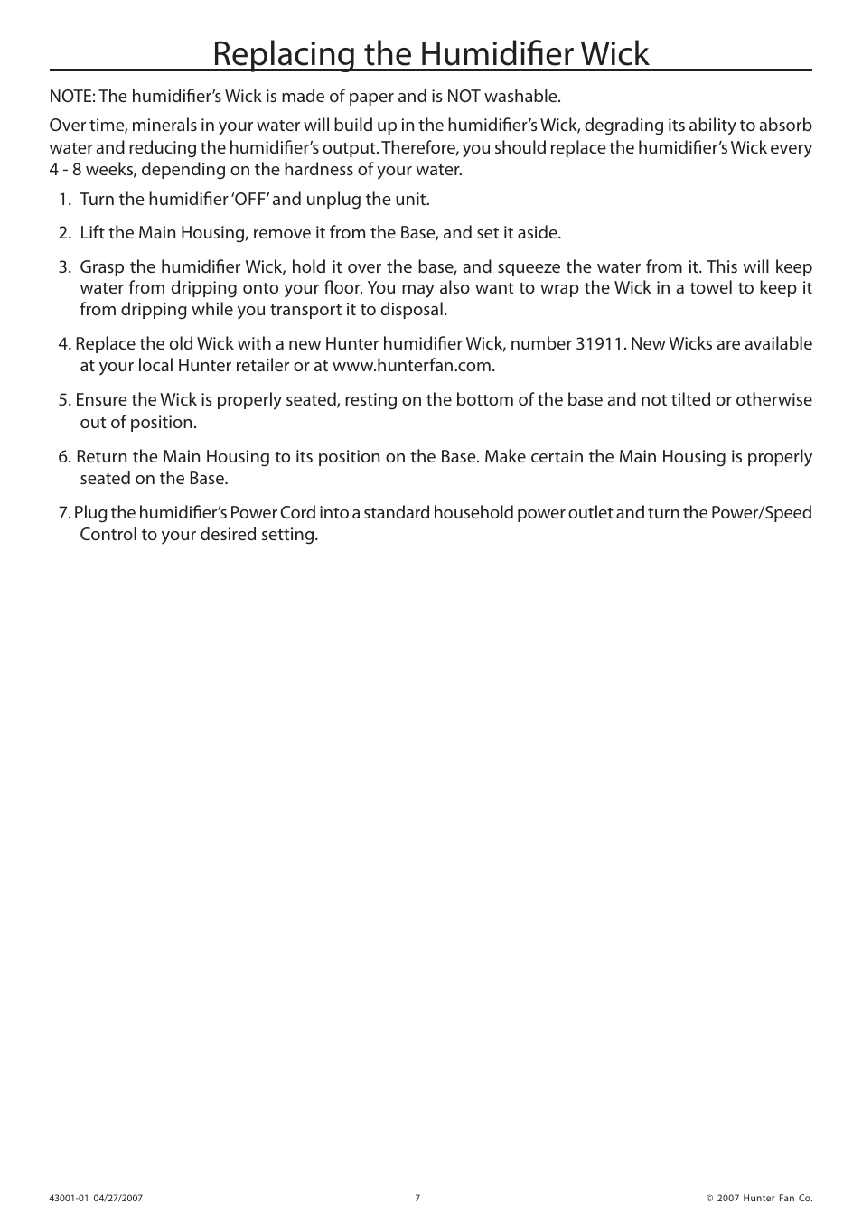 Replacing the humidifier wick | Hunter Fan 32200 User Manual | Page 7 / 24