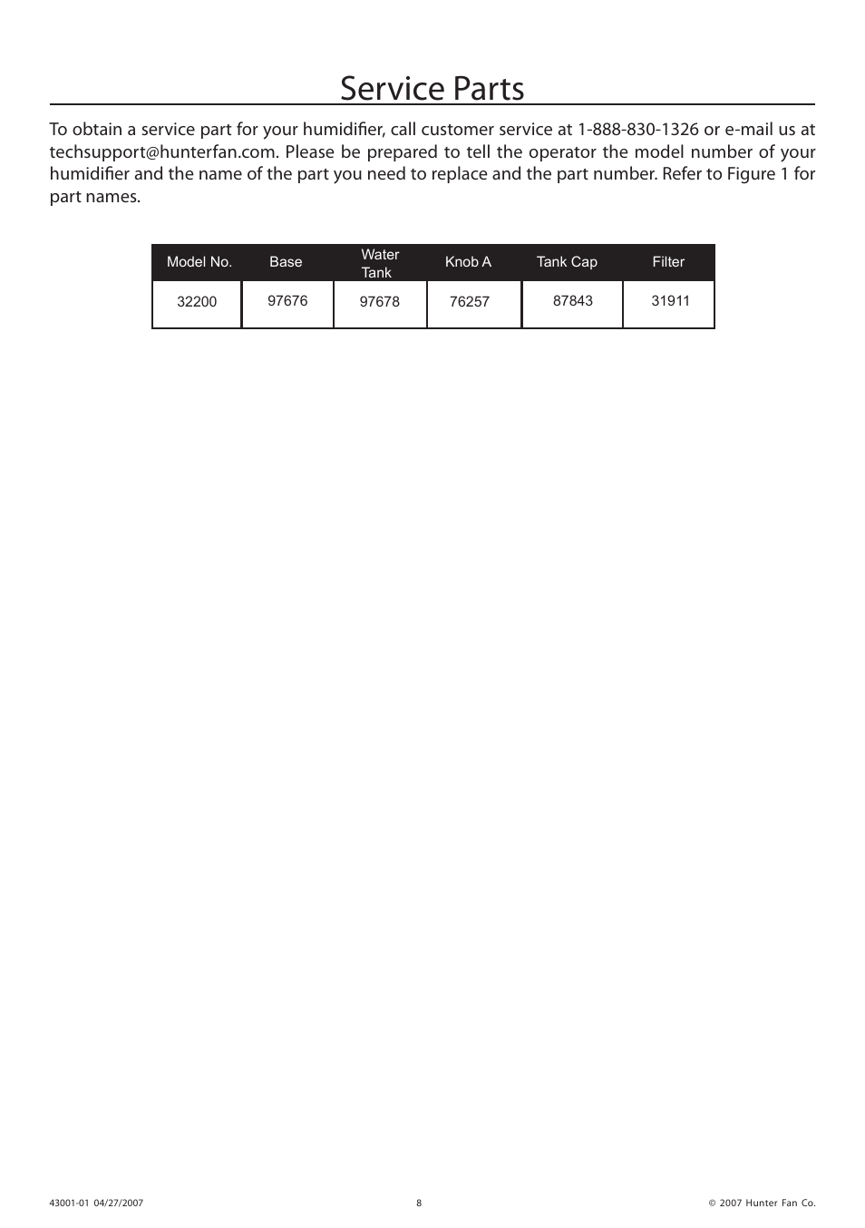 Service parts | Hunter Fan 32200 User Manual | Page 8 / 24