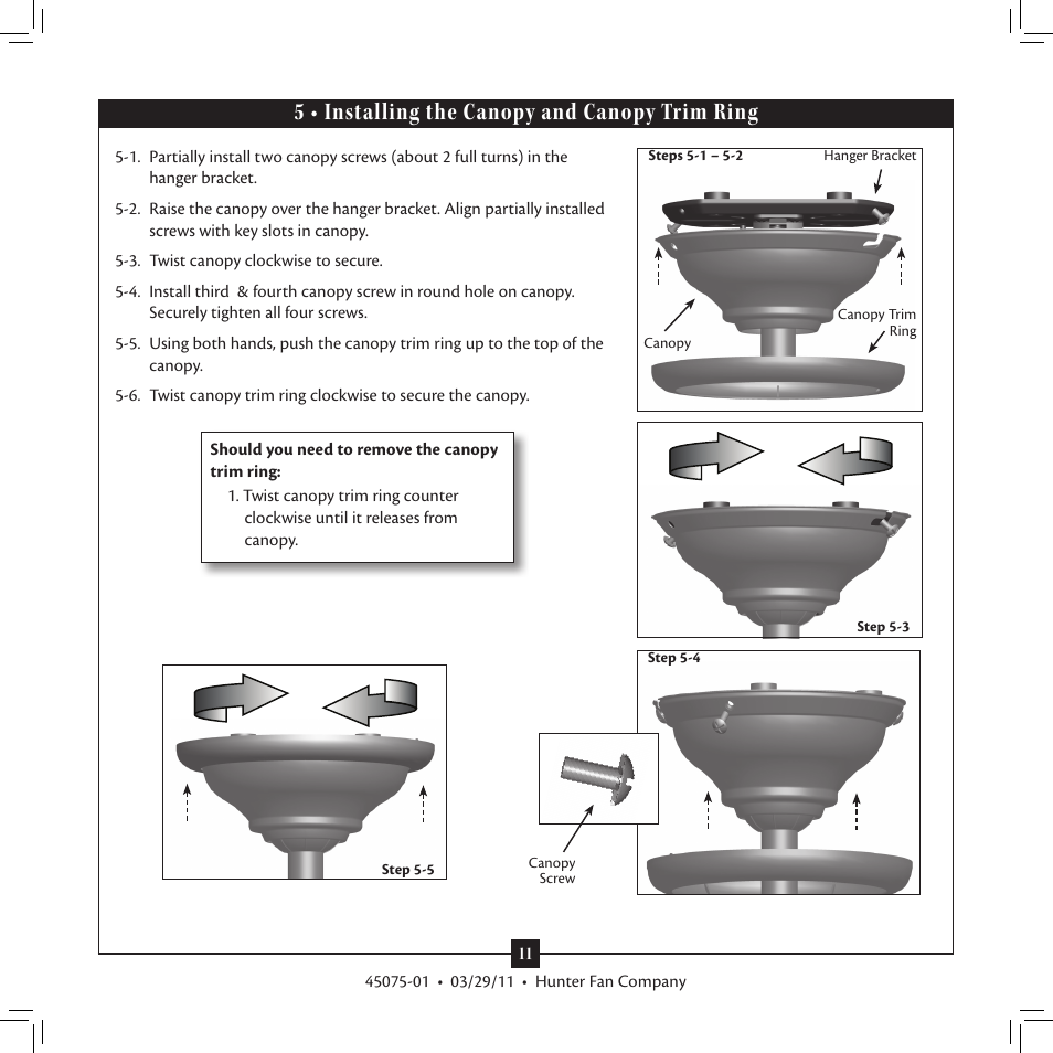 5 • installing the canopy and canopy trim ring, 5 • installing the canopy and canopy trim, Ring | Hunter Fan Type User Manual | Page 11 / 18