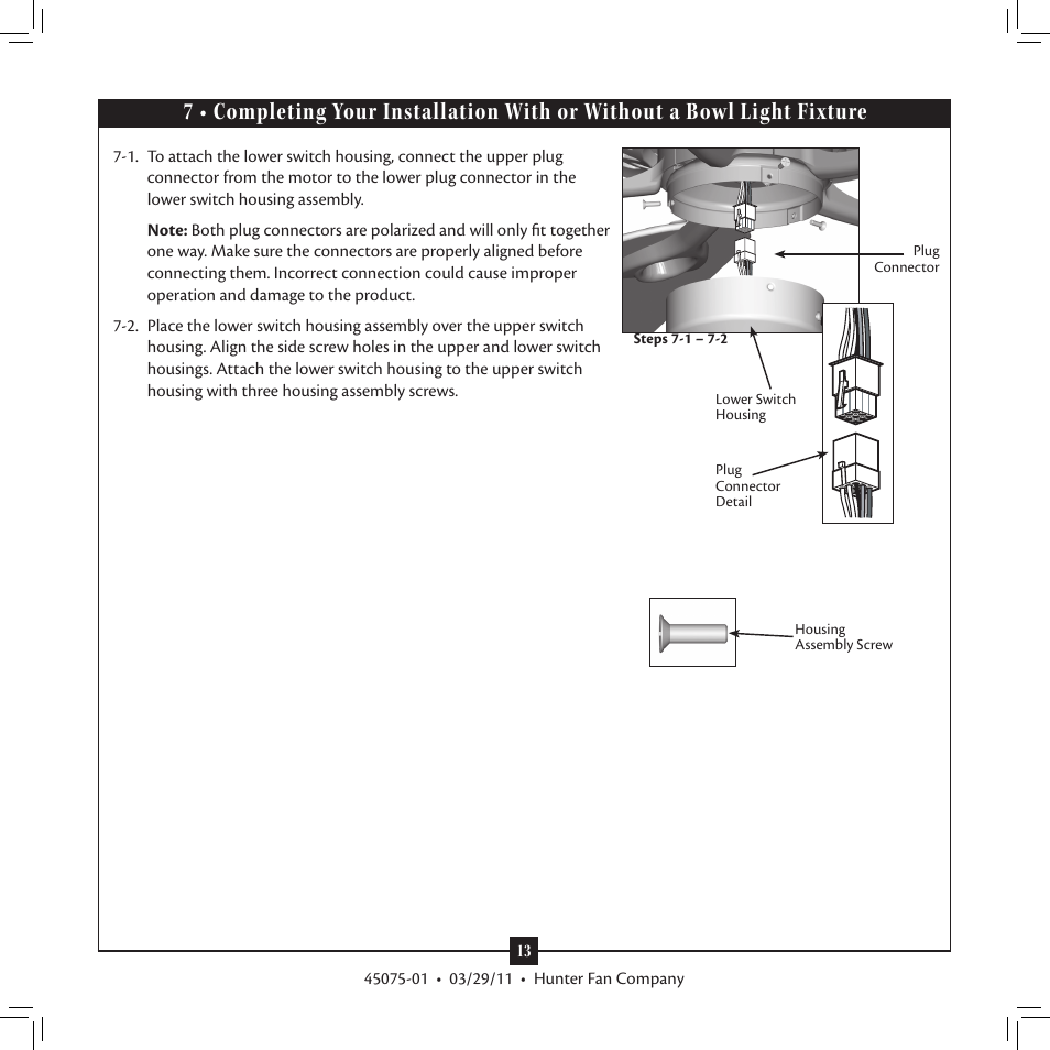 7 • completing your installation with or, Without a bowl light fixture | Hunter Fan Type User Manual | Page 13 / 18