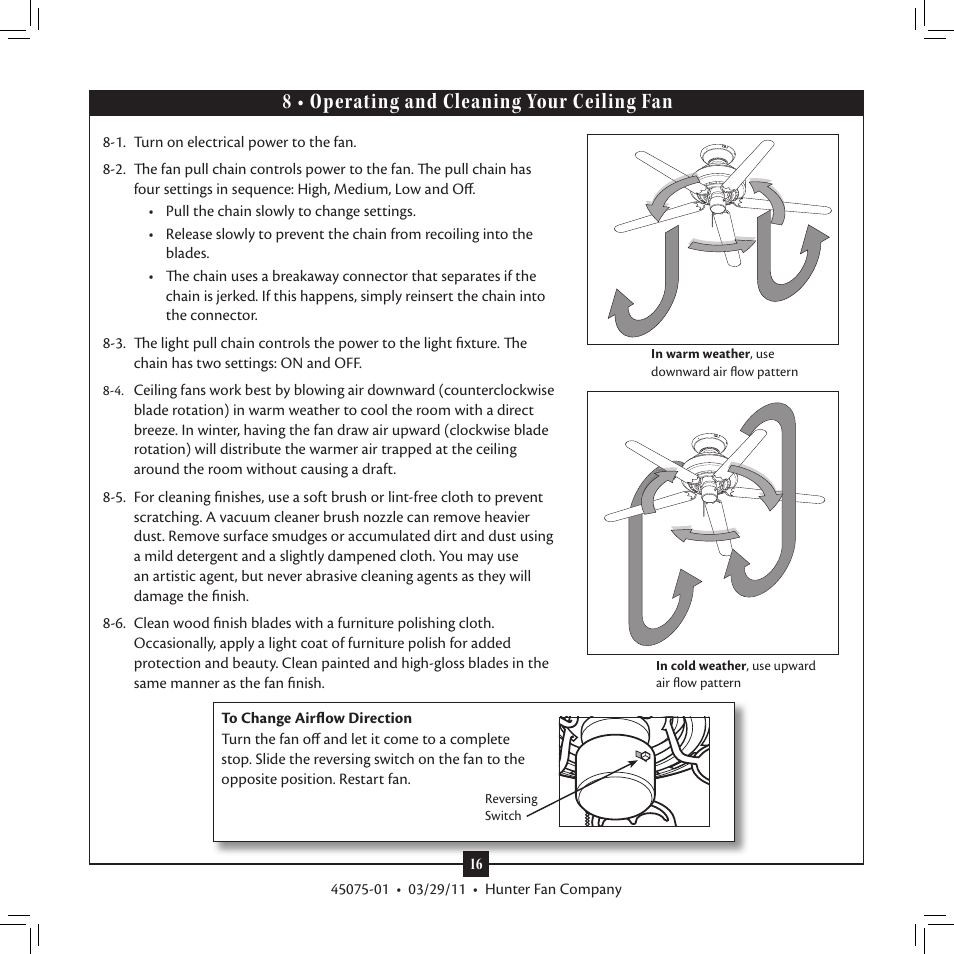 8 • operating and cleaning your ceiling fan, 8 • operating and cleaning your ceiling | Hunter Fan Type User Manual | Page 16 / 18