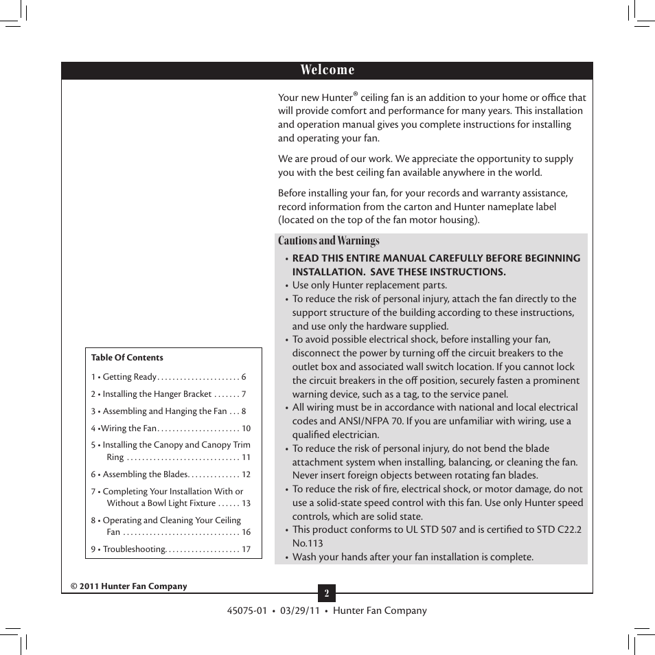 Welcome, Cautions and warnings | Hunter Fan Type User Manual | Page 2 / 18