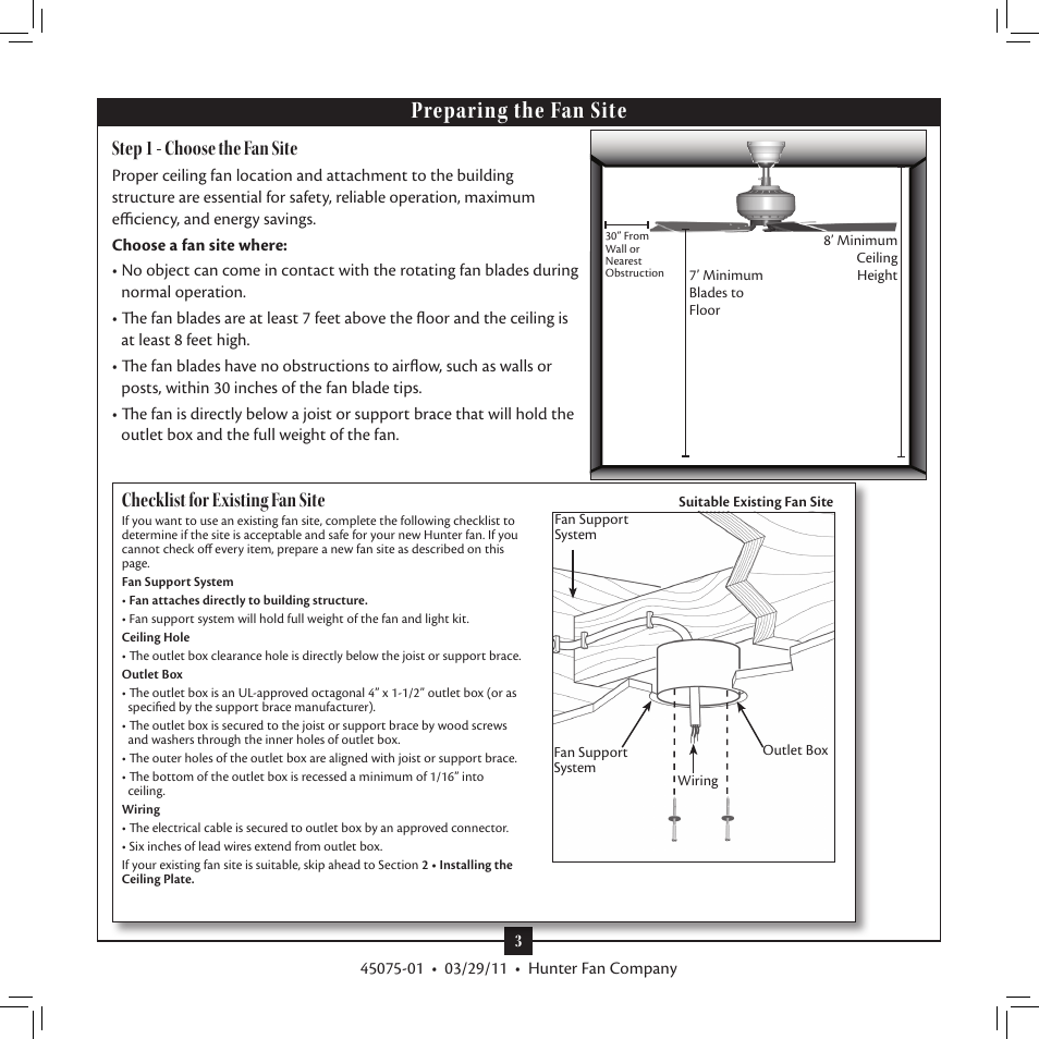 Preparing the fan site, Step 1 - choose the fan site, Checklist for existing fan site | Hunter Fan Type User Manual | Page 3 / 18