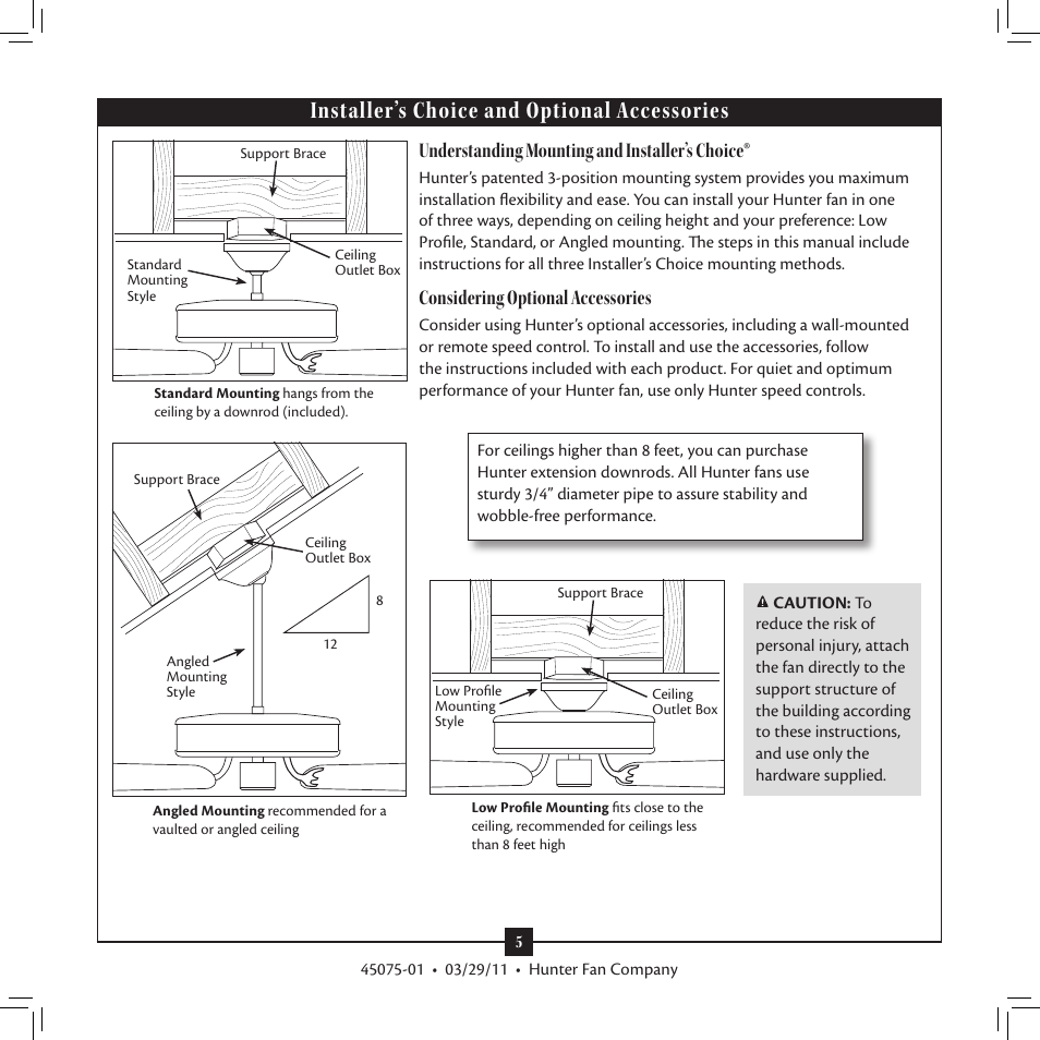 Installer’s choice and optional accessories, Understanding mounting and installer’s choice, Considering optional accessories | Hunter Fan Type User Manual | Page 5 / 18